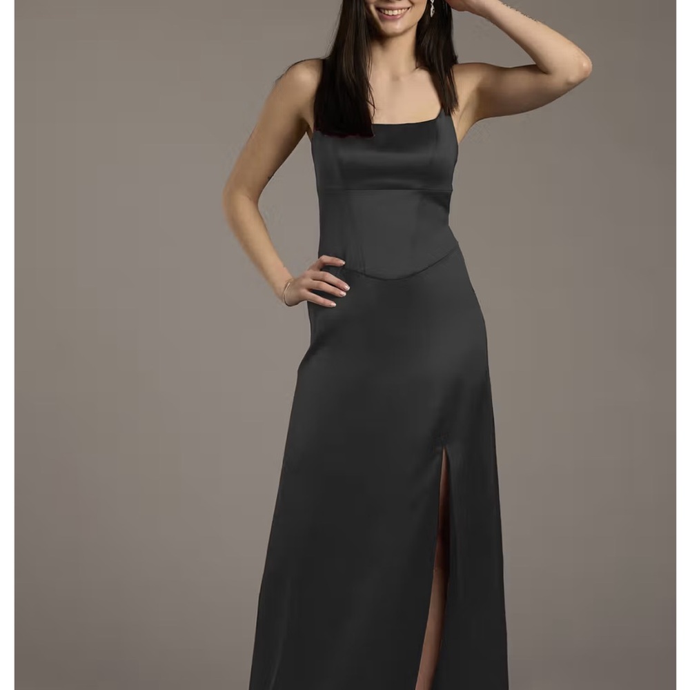 David's Bridal Black Satin Square Neck Maxi Dress with Front Slit